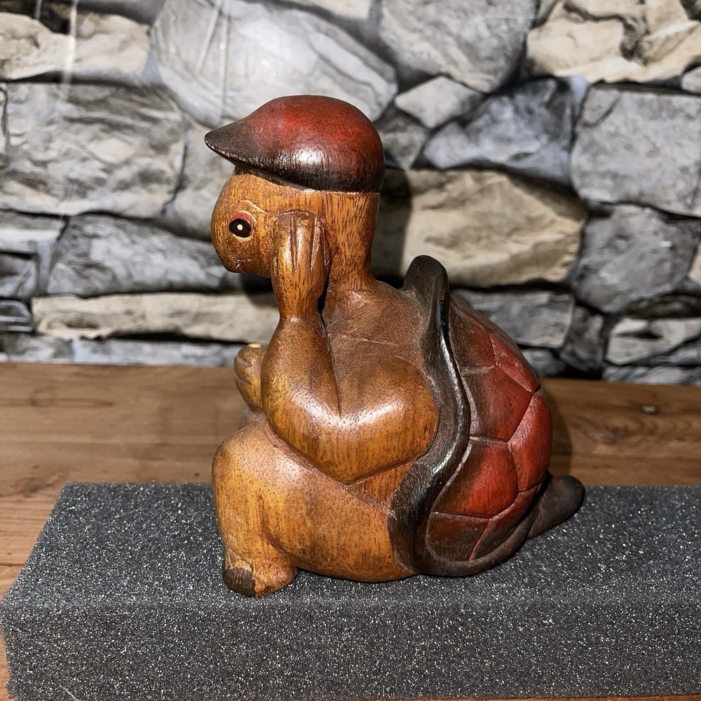 VTG Hand Carved 5" Sitting Wooden Thinking Turtle Tortoise Figurine Folk Art